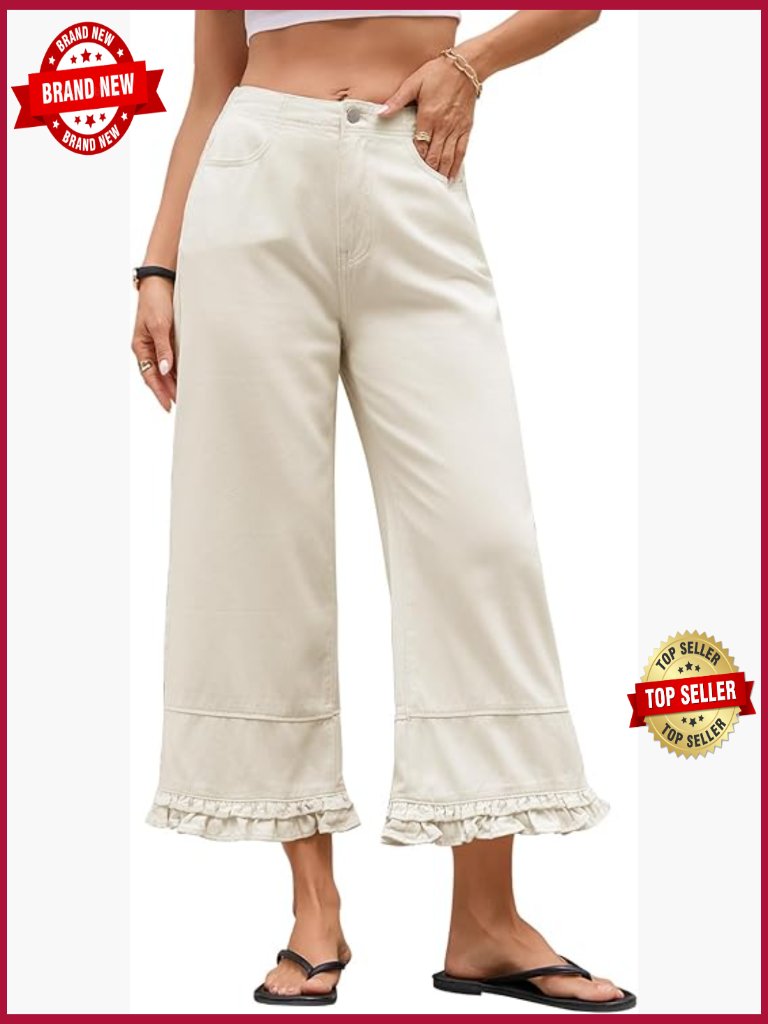 Wide Leg Ruffle Hem Jeans Cropped High Waist Baggy Denim Pants Pockets